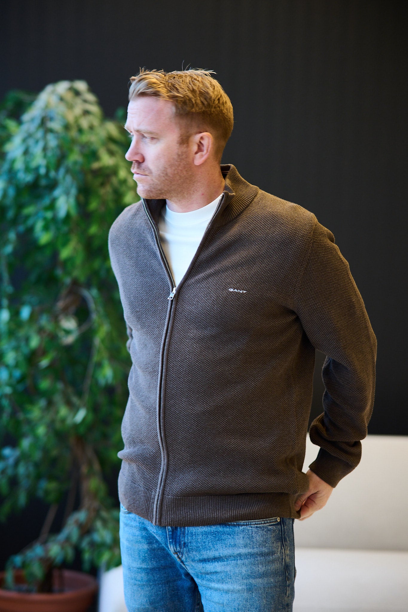 Cotton Pique Zip Cardigan - Brown Melange