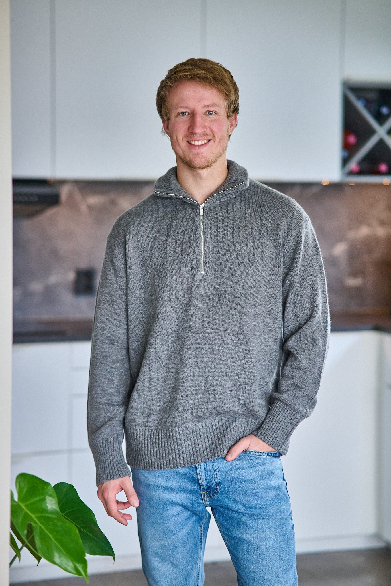 Calle Relaxed Cashmere Blend Half Zip - Medium Grey Melange