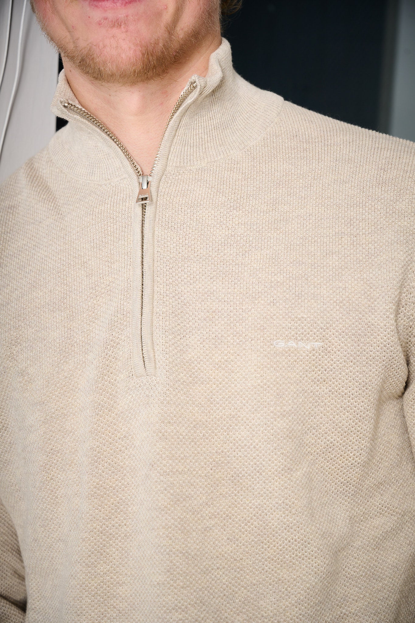 Cotton Pique Half Zip - Light Beige Melange