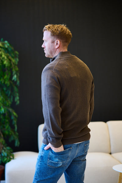 Cotton Pique Zip Cardigan - Brown Melange