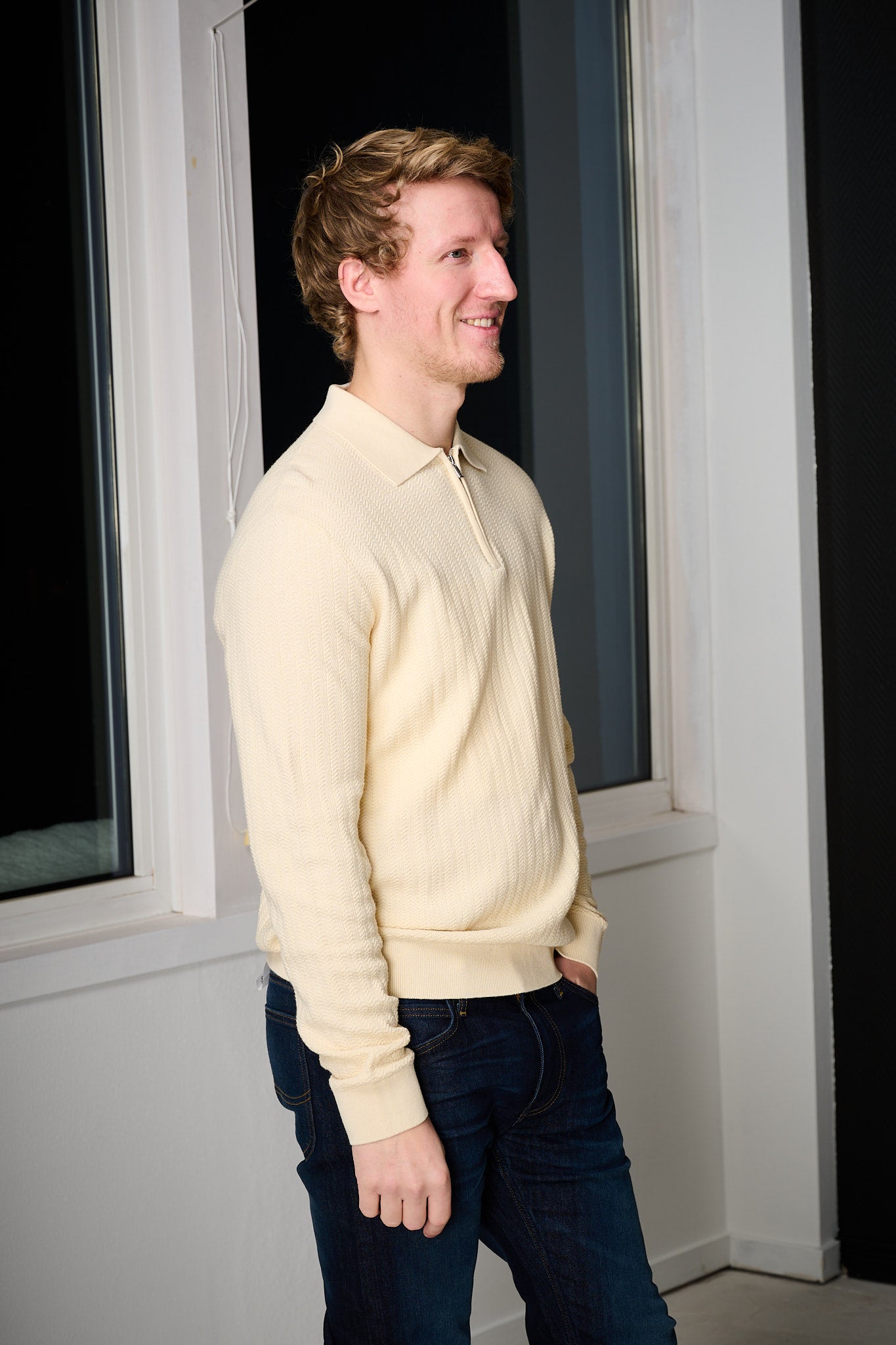 Cran LS Knit Structure Half Zip Polo - Angora