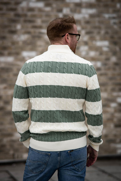 Striped Cotton Cable Half Zip - Kalamata Green