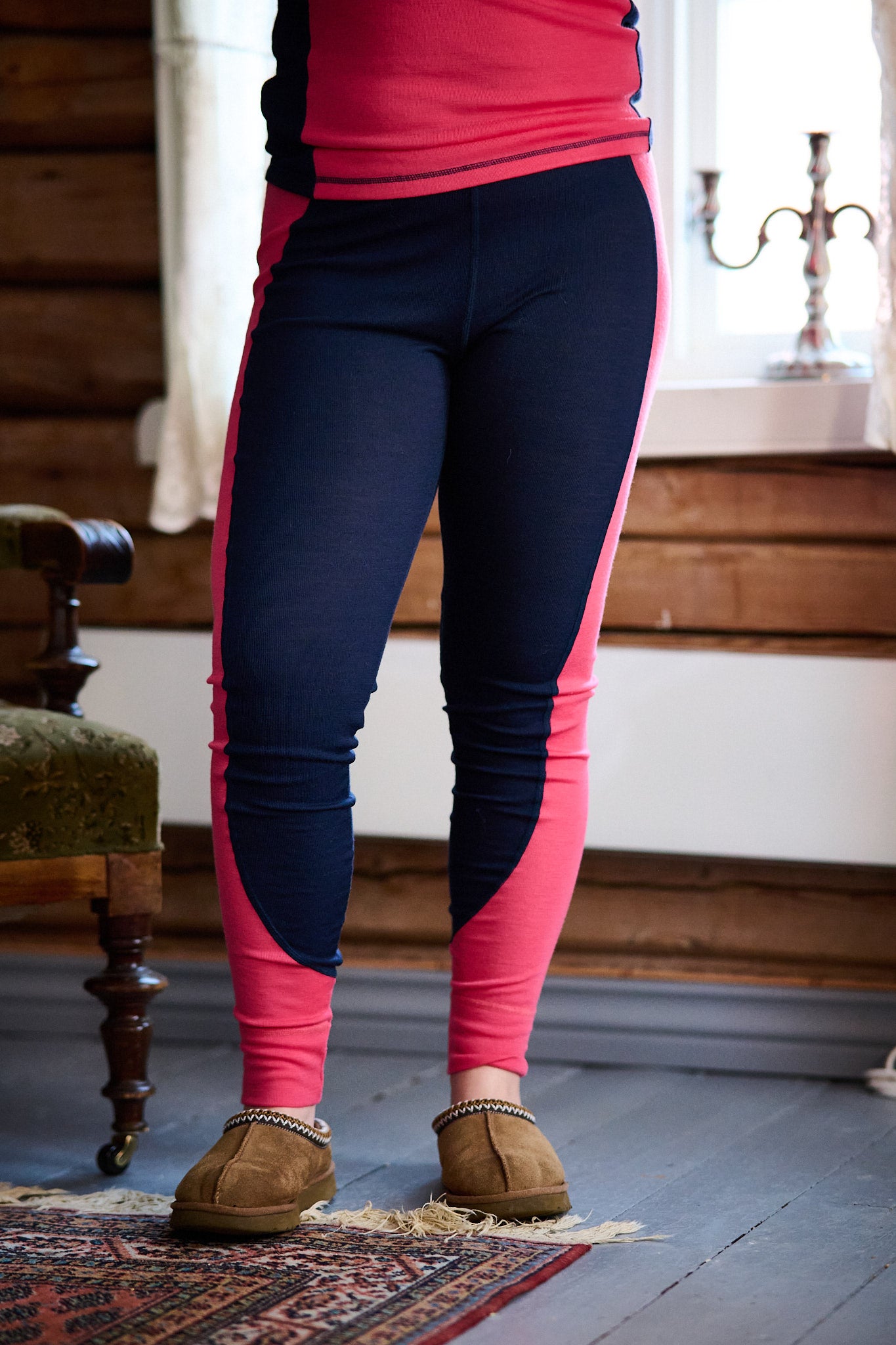 Women Wool Legging Baselayer - Navy/rosa