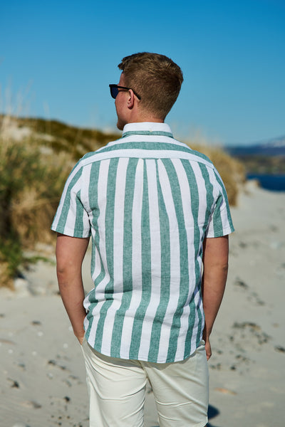Reg Cotton Linen Stripe SS Shirt - Woody Green
