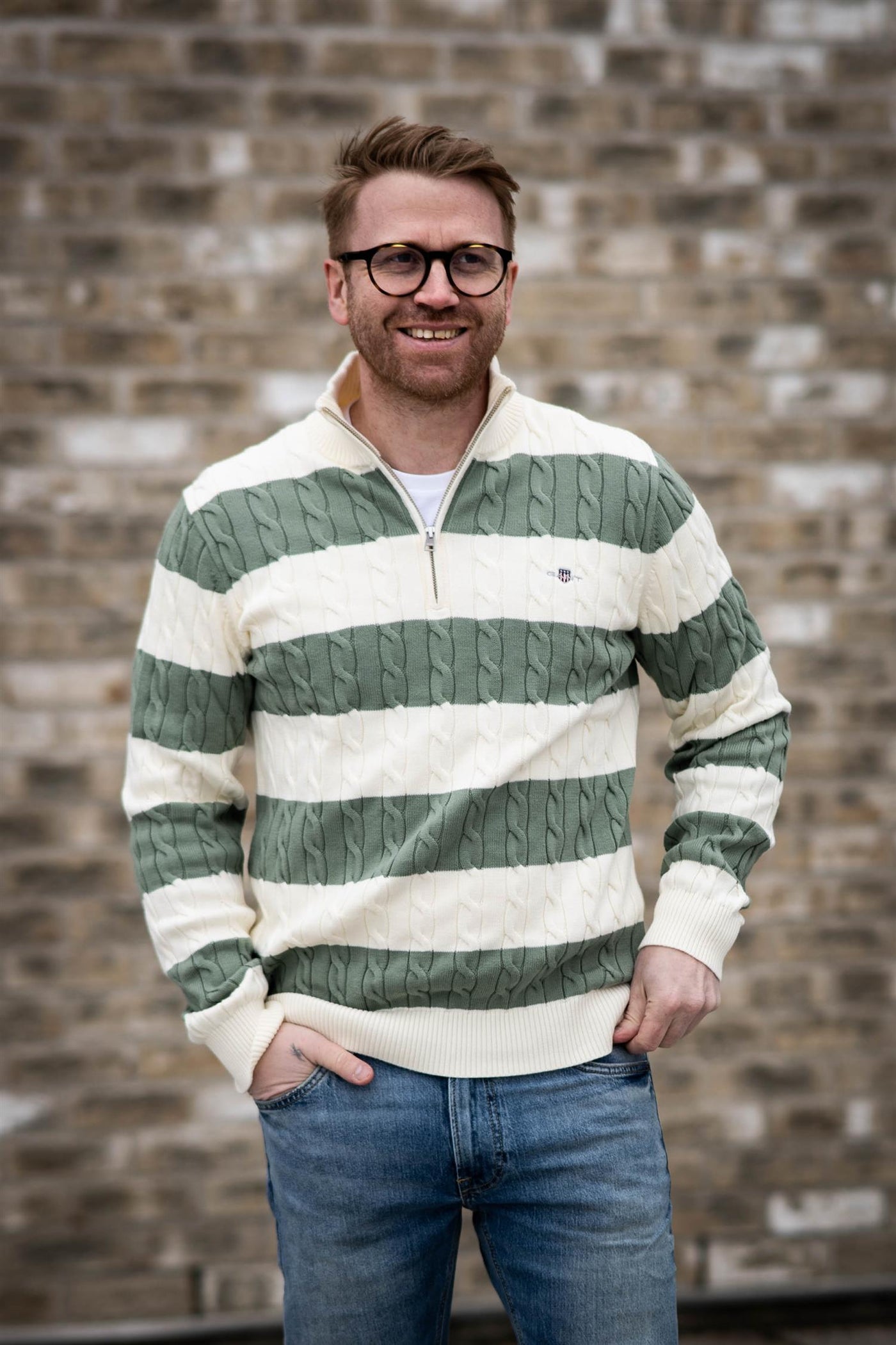 Striped Cotton Cable Half Zip - Kalamata Green