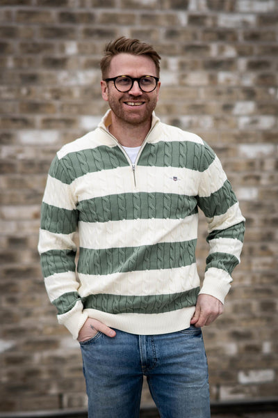 Striped Cotton Cable Half Zip - Kalamata Green