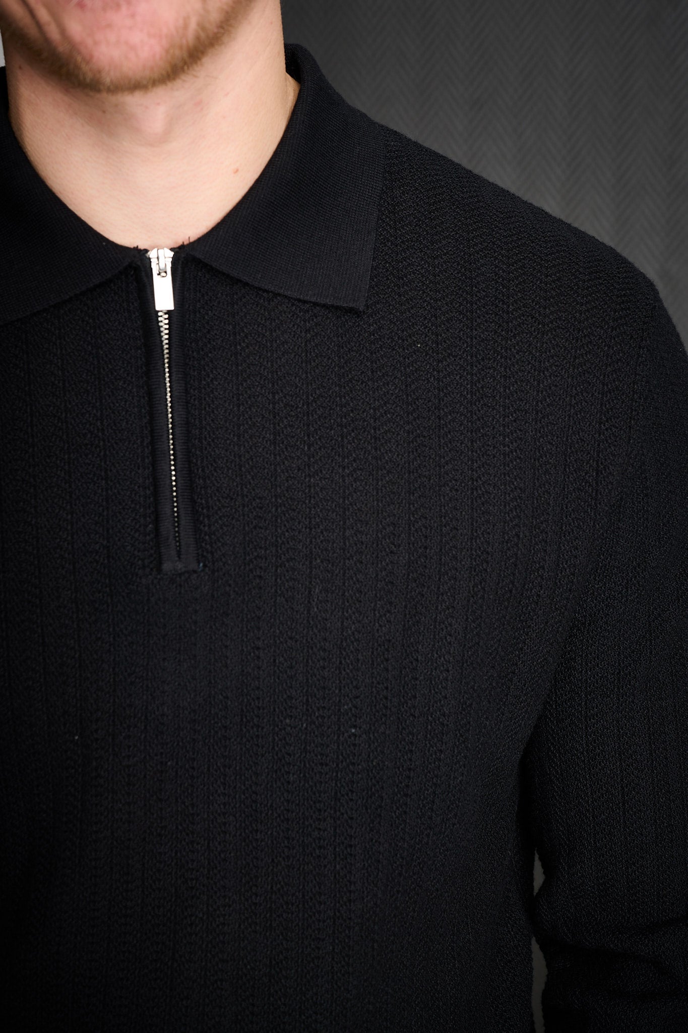 Cran LS Knit Structure Half Zip Polo - Black