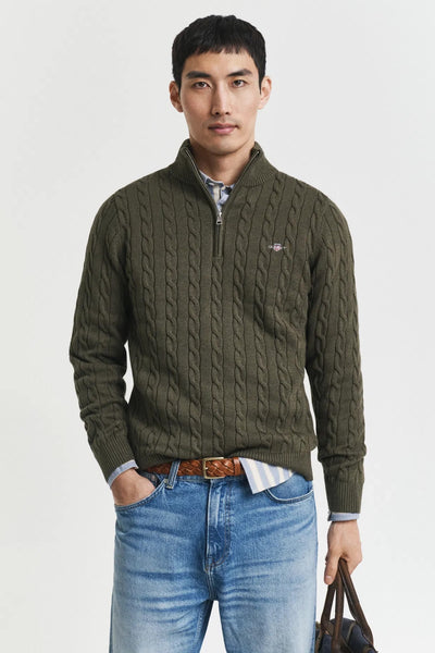 Cotton Cable Half Zip - Khaki Green Melange