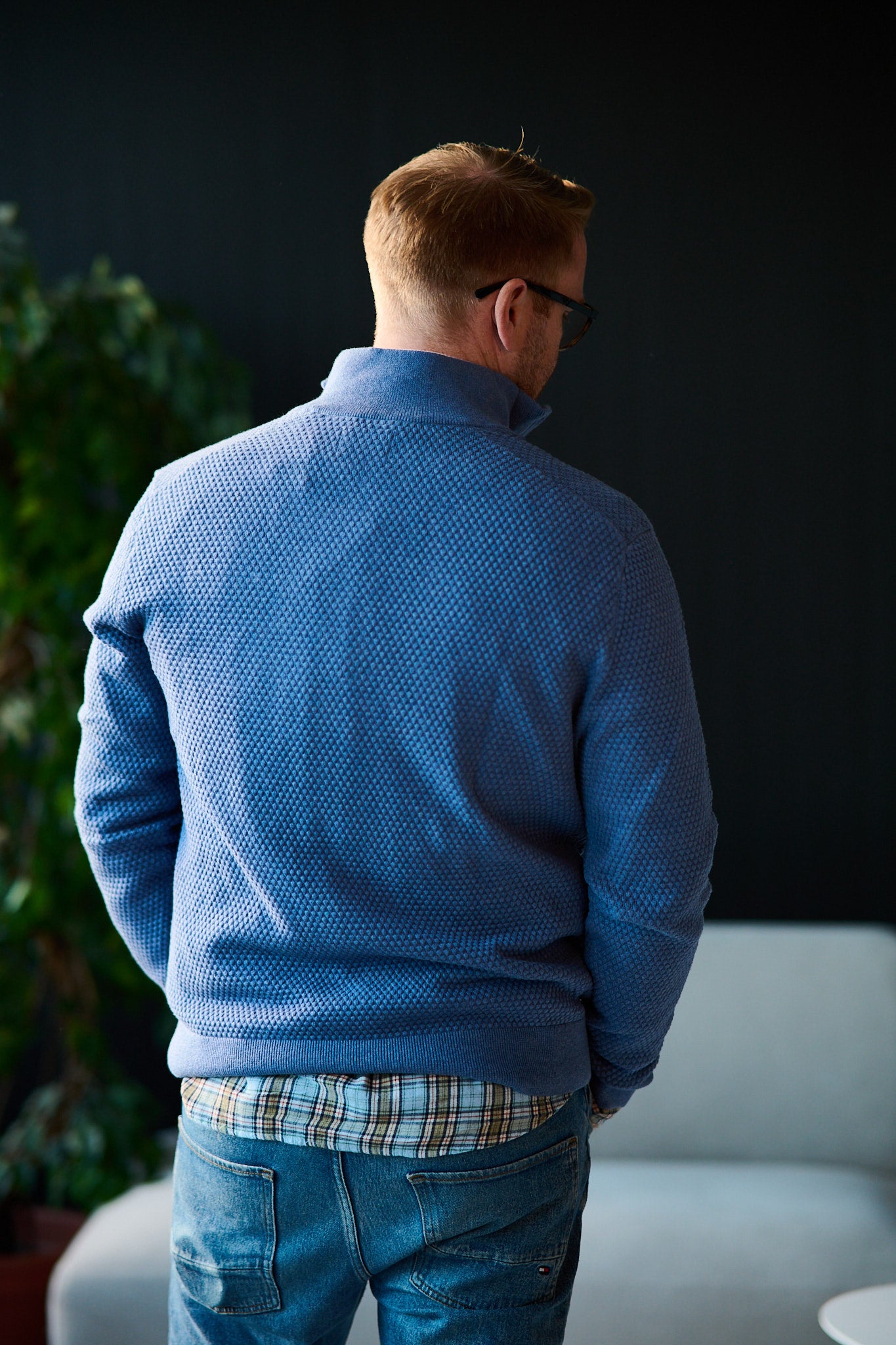 Textured Cotton Merino Half Zip - Denim Blue Mel