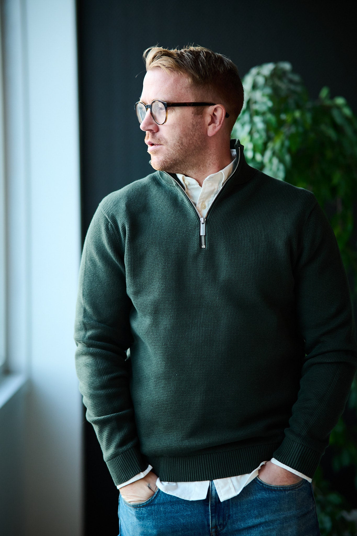 Dane Ls Knit Structure Half Zip - Deep Forest