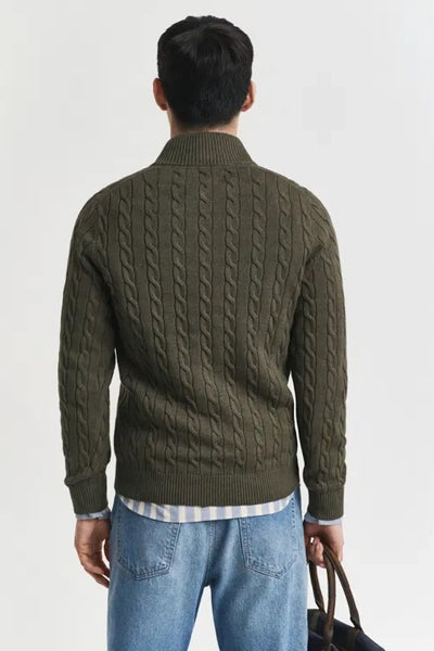 Cotton Cable Half Zip - Khaki Green Melange
