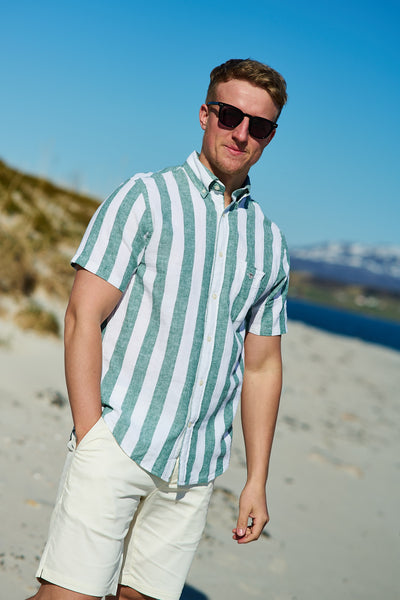 Reg Cotton Linen Stripe SS Shirt - Woody Green