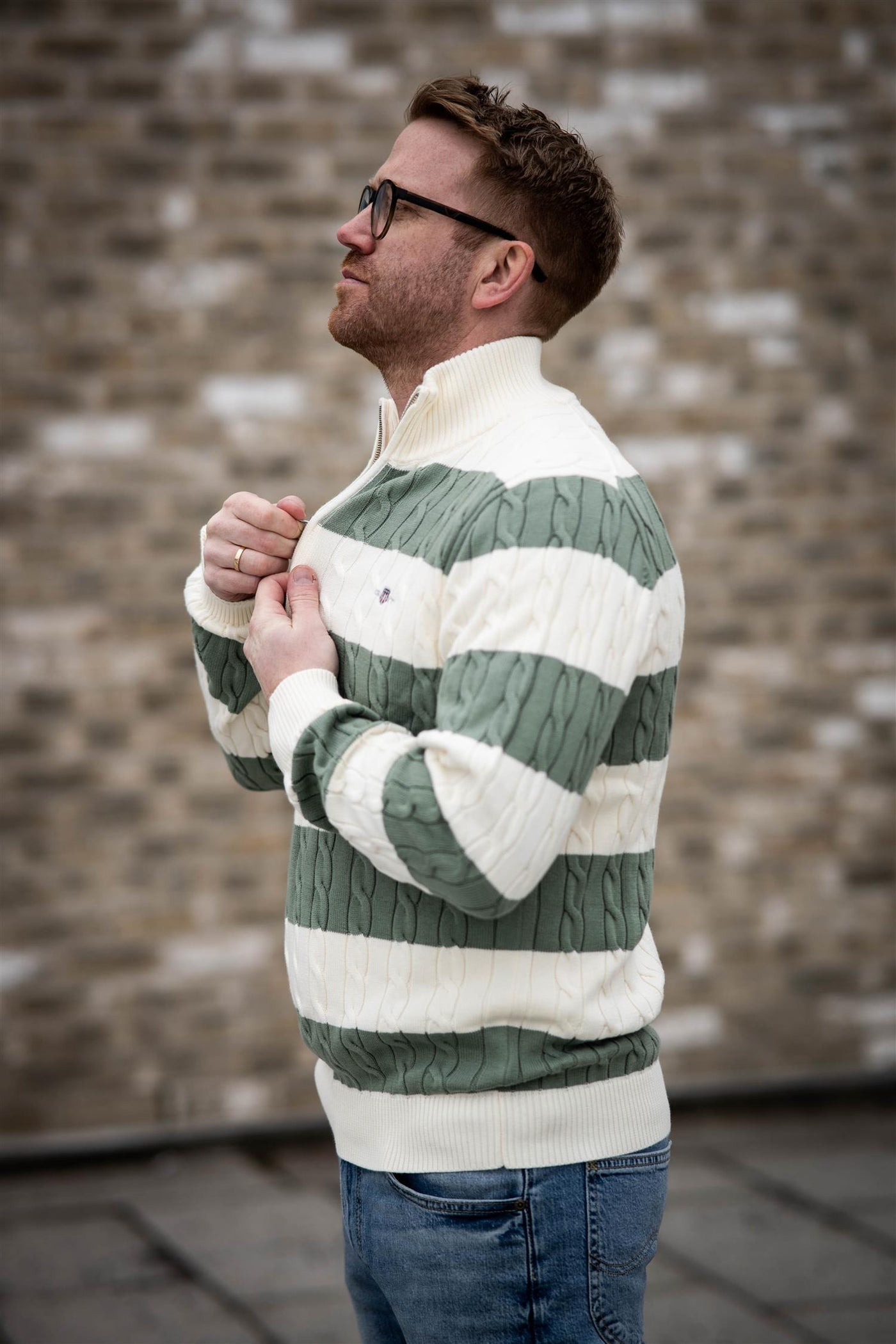 Striped Cotton Cable Half Zip - Kalamata Green