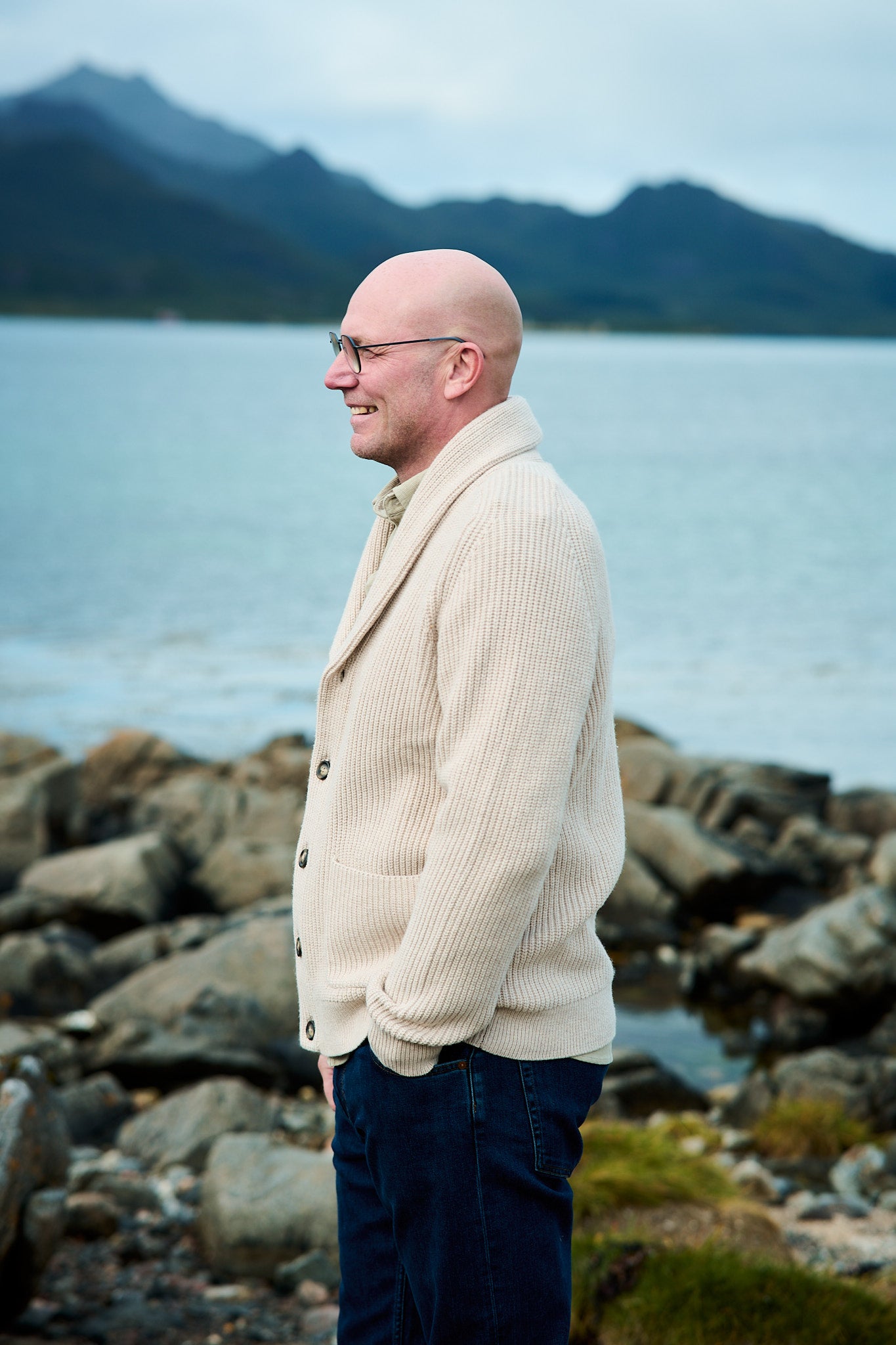 Wool Blend Shawl Collar Cardigan - Light Beige Melange