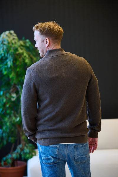 Cotton Pique Zip Cardigan - Brown Melange