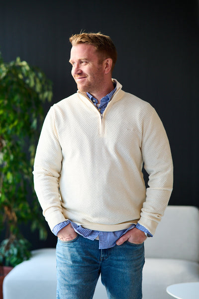 Textured Cotton Merino Half Zip - Cream