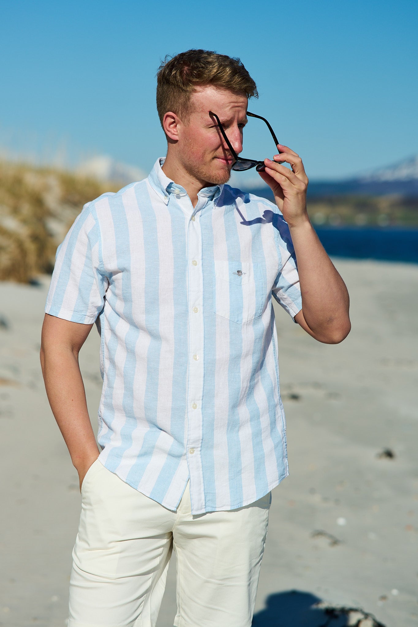 Reg Cotton Linen Stripe SS Shirt - Fresh Blue