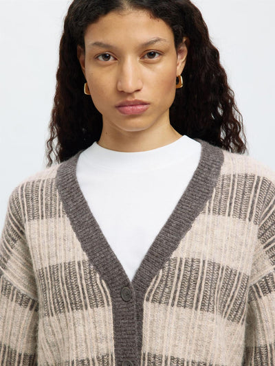 Alva LS Knit Stripe V-cardigan - Grey Melange