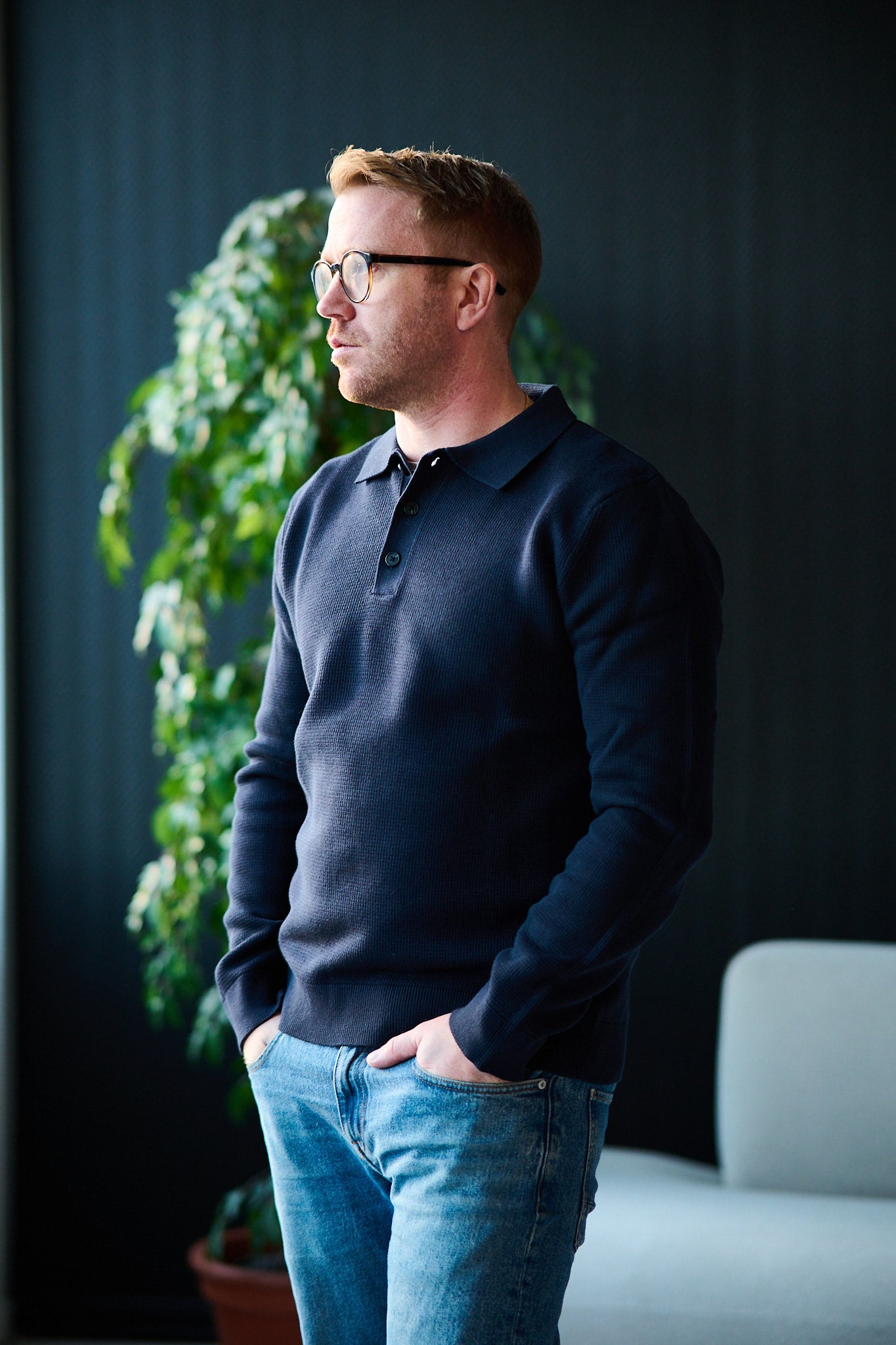 Dane LS Knit Structure Polo Neck - Sky Captain