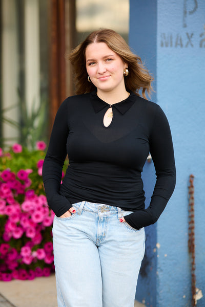 Perfect Line T-shirt LS w/Tulle Collar - Black