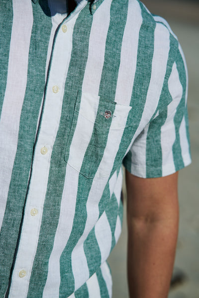 Reg Cotton Linen Stripe SS Shirt - Woody Green
