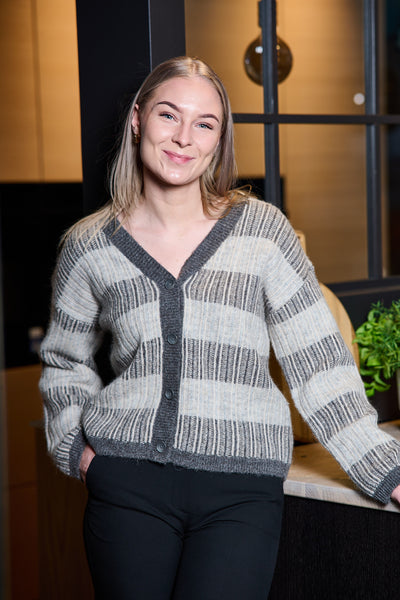 Alva LS Knit Stripe V-cardigan - Grey Melange