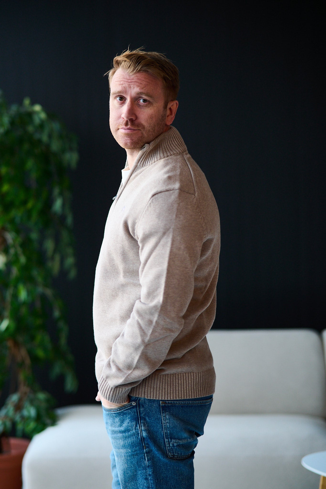 Casual Cotton Half Zip - Sand Melange