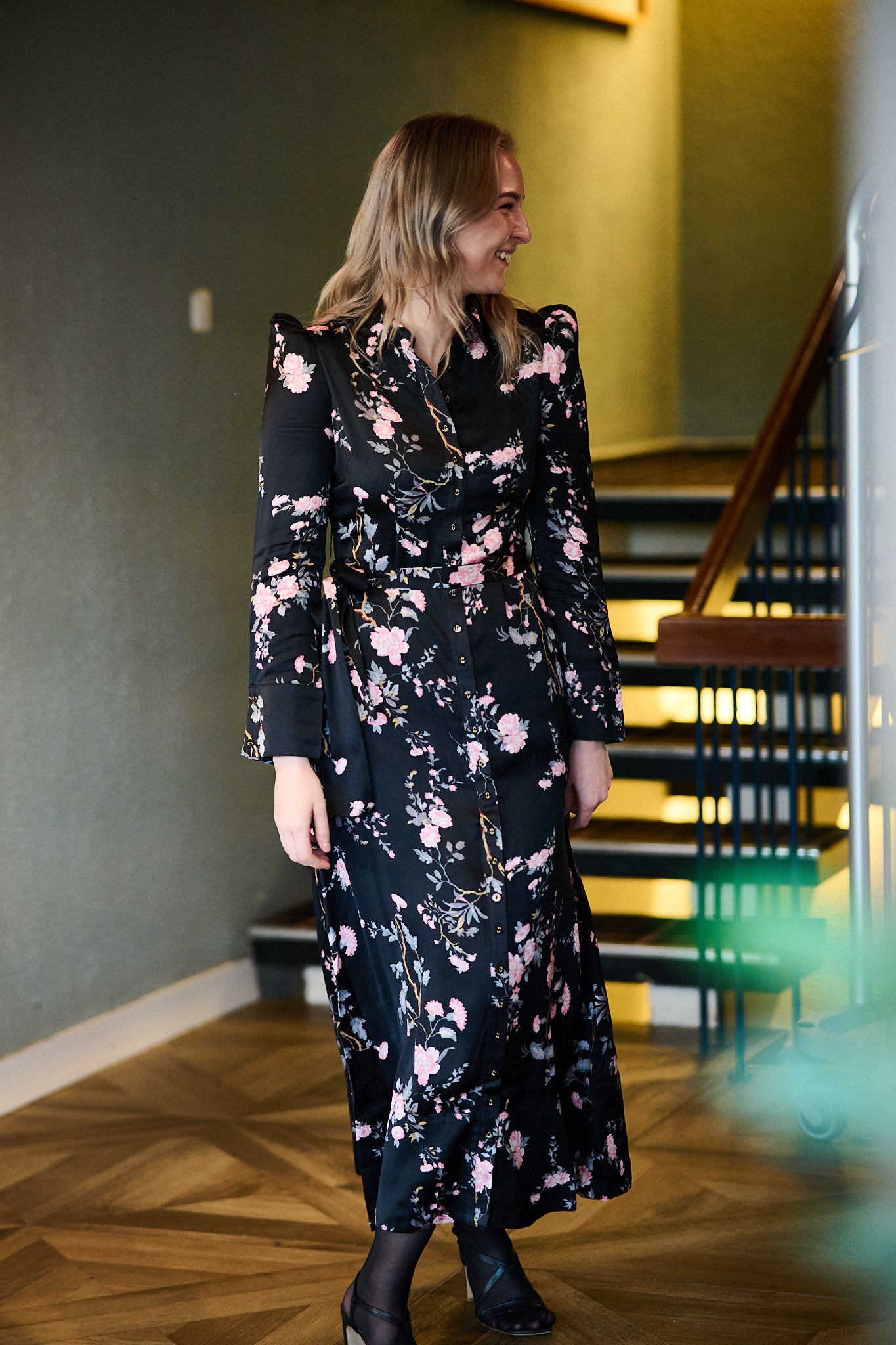 Satin Belt Dress - Midnight Garden