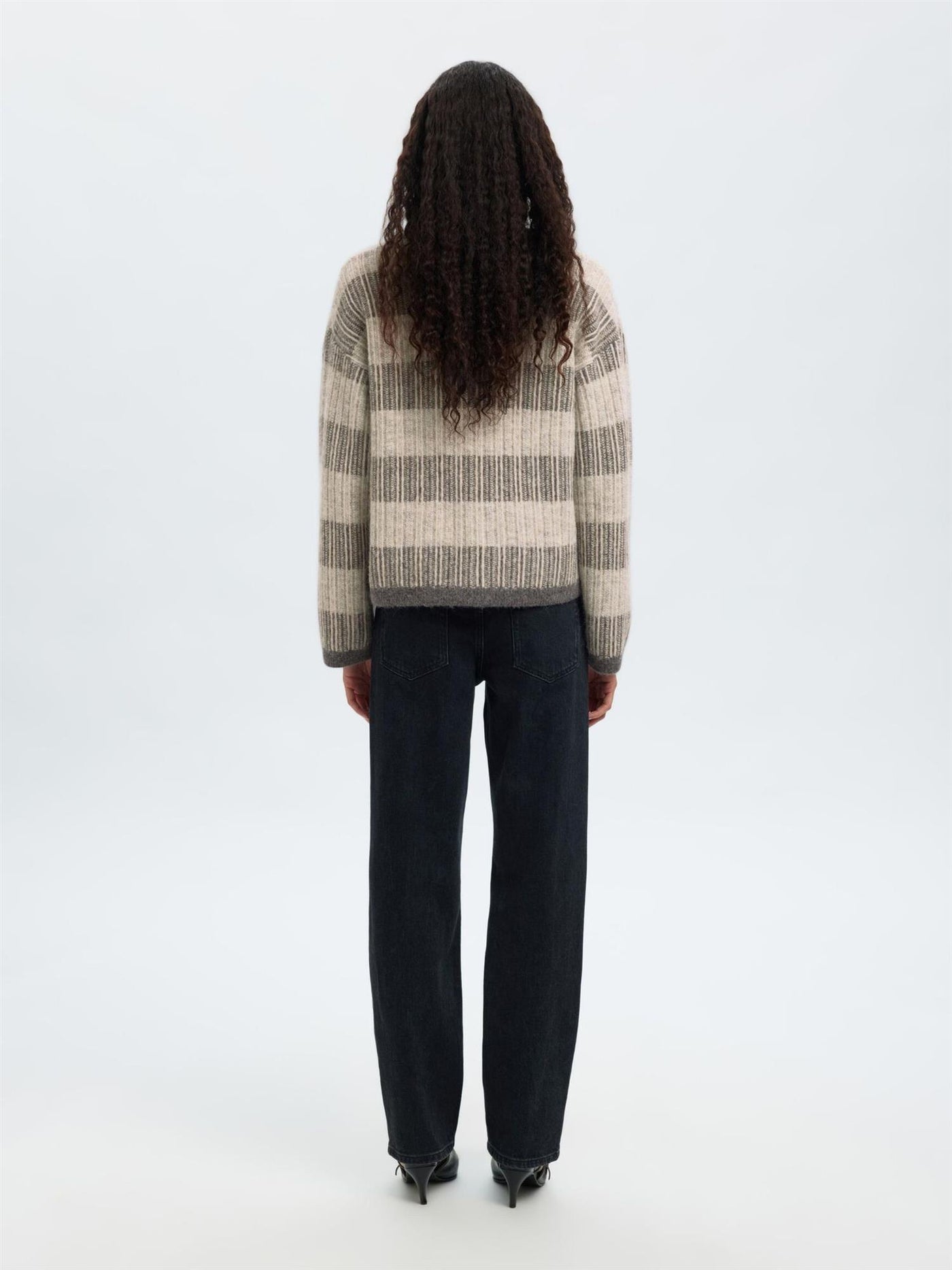 Alva LS Knit Stripe V-cardigan - Grey Melange