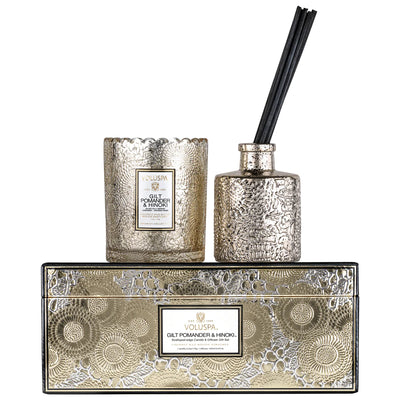 Scalloped Candle+Diffuser Gift Set - Gilt Pomander og Hinoki